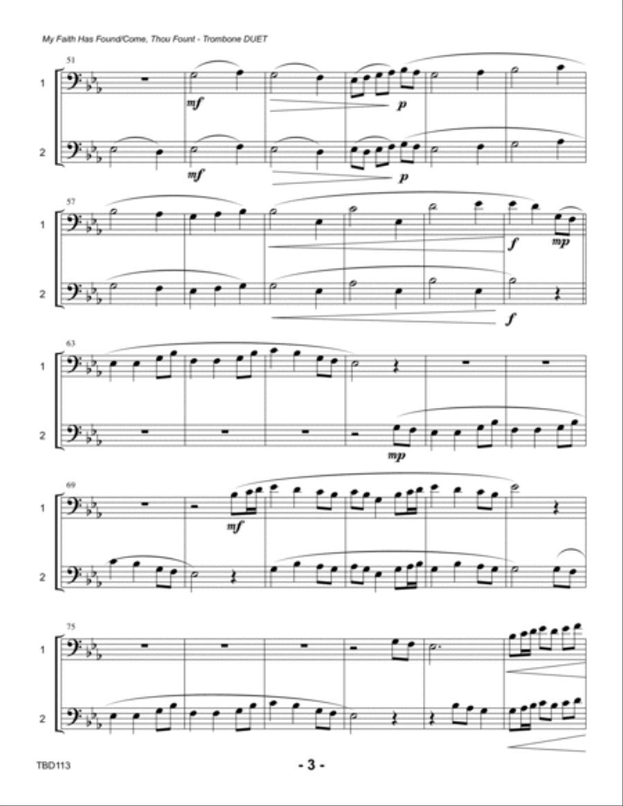 MY FAITH HAS FOUND A RESTING PLACE with COME THOU FOUNT OF EVERY BLESSING - TROMBONE DUET (unaccompa Trombone Duet scores gallery preview page 3