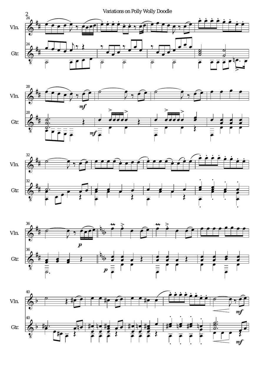 Variations on Polly Wolly Doodle for violin and guitar String Duet scores gallery preview page 2