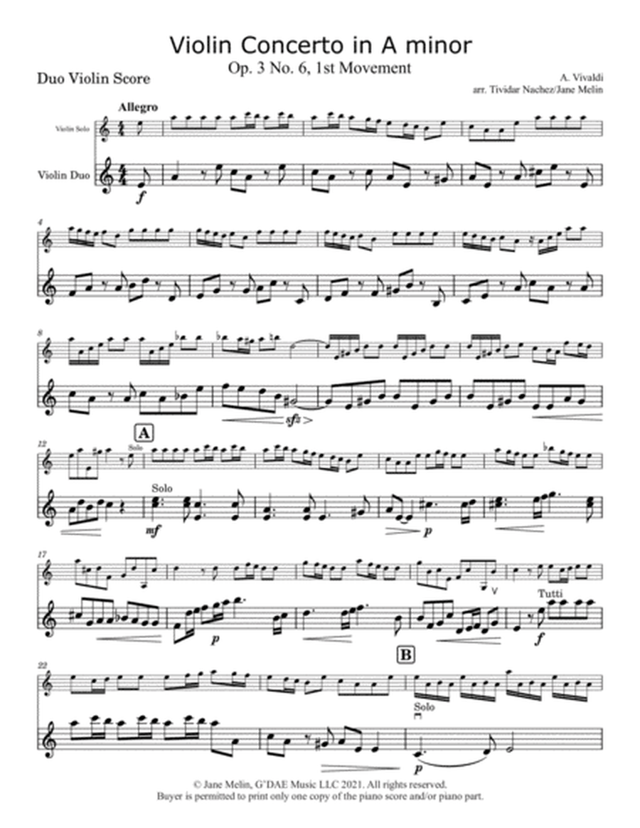 Vivaldi - Violin Concerto in Am Op. 3 No. 6 Mvt 1 - Second Violin (Duo) Accompaniment