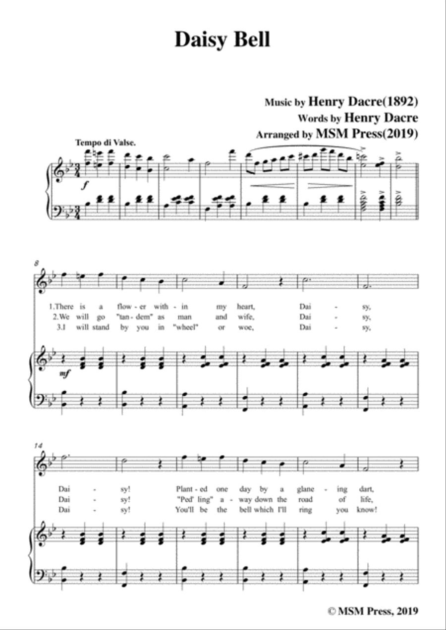 Henry Dacre-Daisy Bell,in B flat Major,for Voice and Piano Voice Solo scores gallery preview page 3