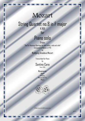 Book cover for Mozart – Complete String quartet no.8 in F major K168 for piano solo