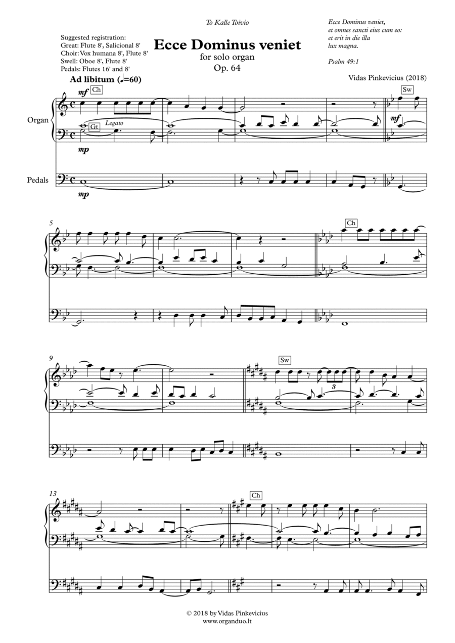 Book cover for Ecce Dominus veniet, Op. 64 (2018) for solo organ by Vidas Pinkevicius