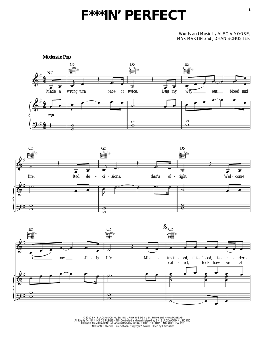 F**kin' Perfect F**kin' Perfect Piano, Vocal, Guitar scores gallery preview page 1