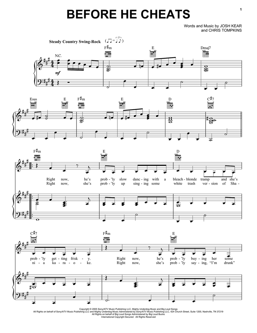 Before He Cheats Piano, Vocal, Guitar scores gallery preview page 1