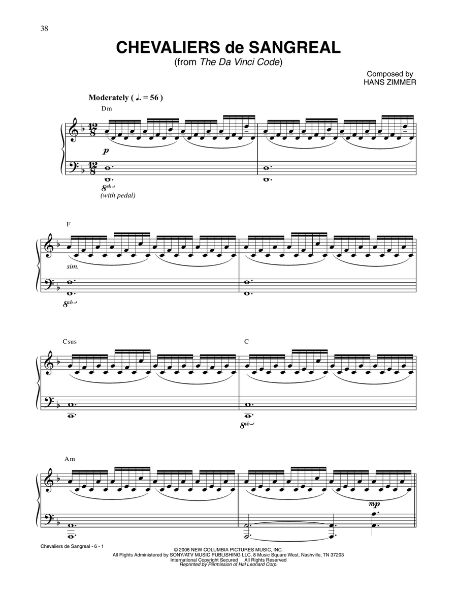 Chevalier De Sangreal (from The Da Vinci Code) Piano Solo scores gallery preview page 1