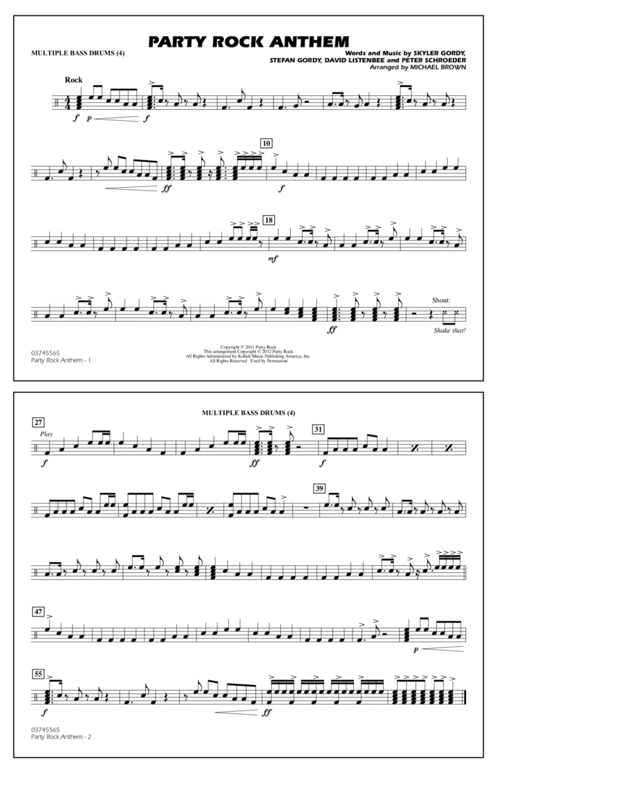 Party Rock Anthem - Multiple Bass Drums Marching Band scores gallery preview page 1