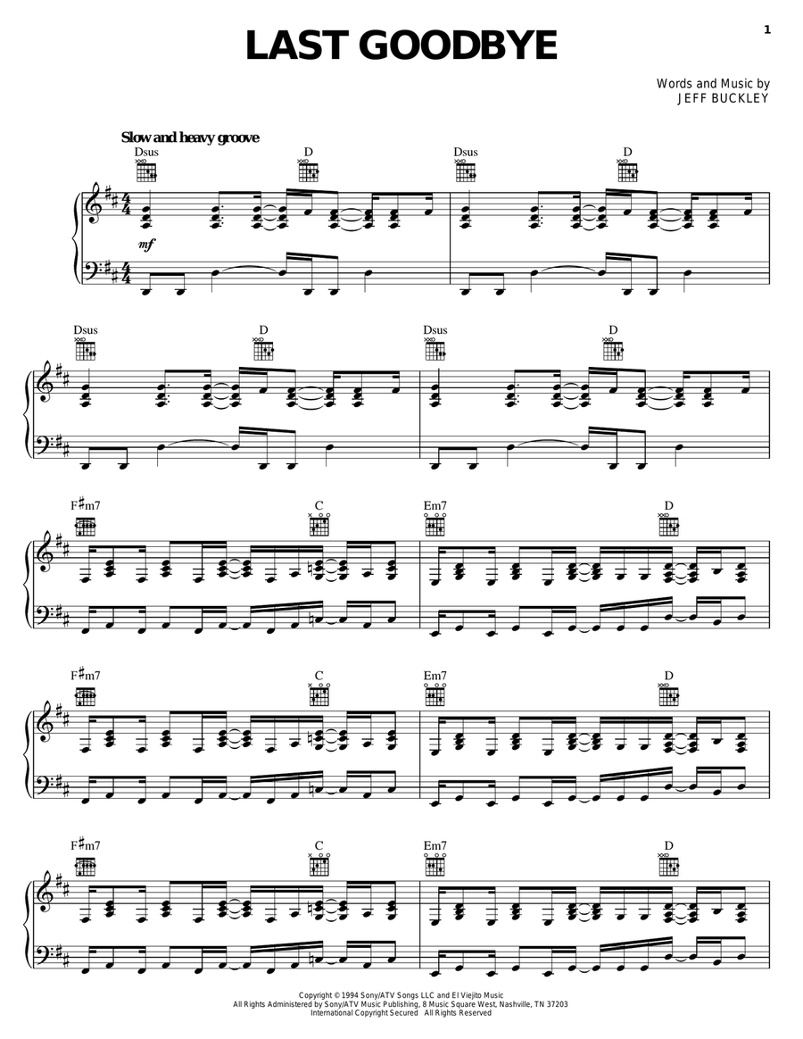 Last Goodbye Piano, Vocal, Guitar scores gallery preview page 1