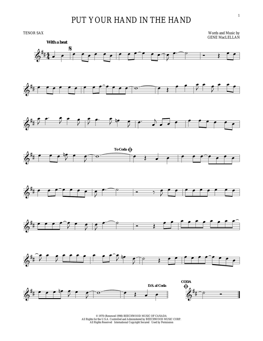 Put Your Hand In The Hand Tenor Saxophone scores gallery preview page 1