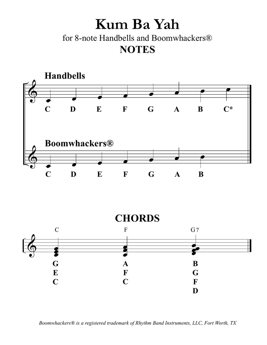 Kum Ba Yah (for 8-note Bells and Boomwhackers with Black and White Notes) Handbell Choir scores gallery preview page 3