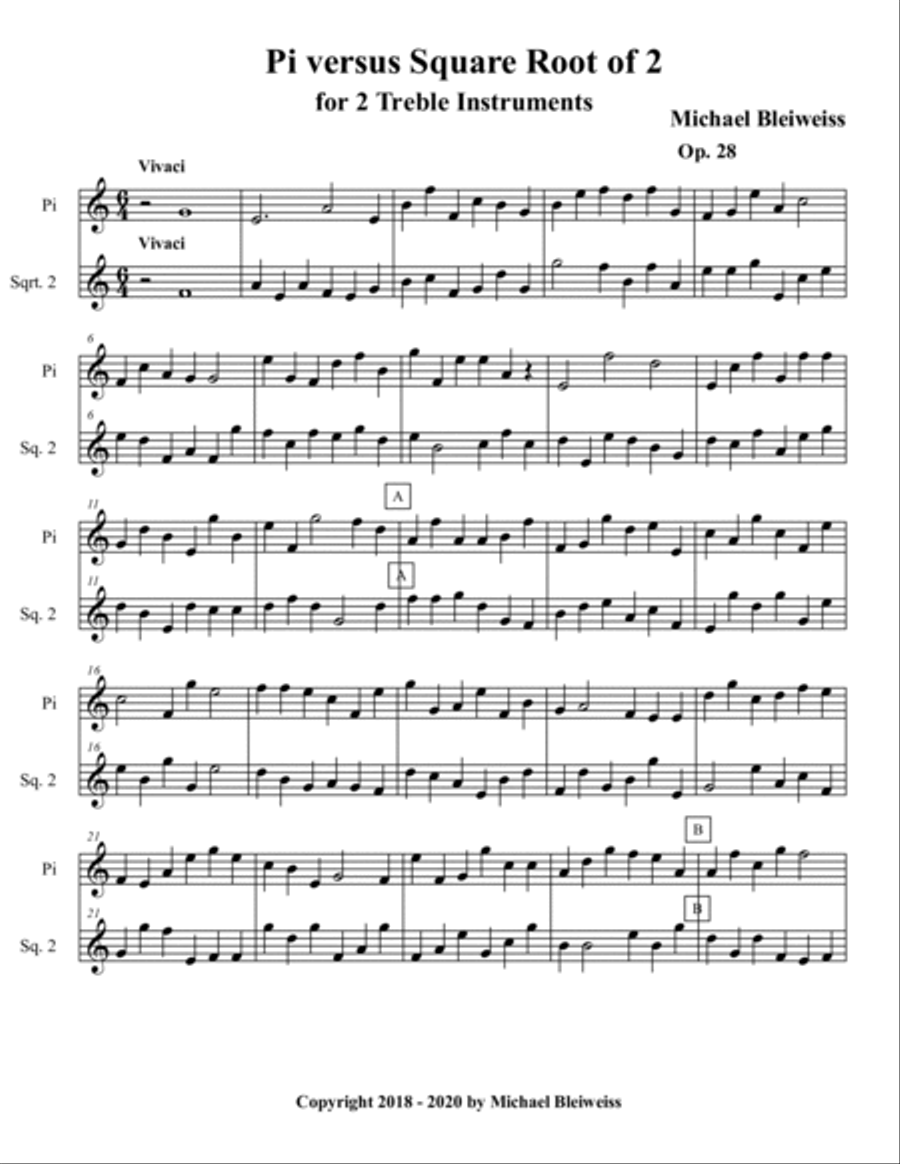 Digits of Pi vs. Square Root of 2 for Two Treble Instruments C Instrument scores gallery preview page 2