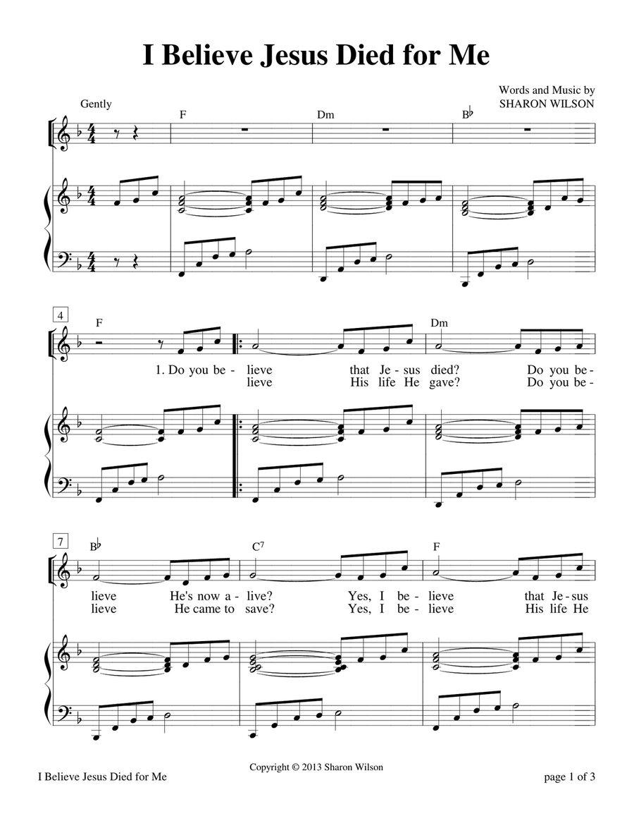 I Believe Jesus Died for Me (Unison Choir) Unison Choir scores gallery preview page 1
