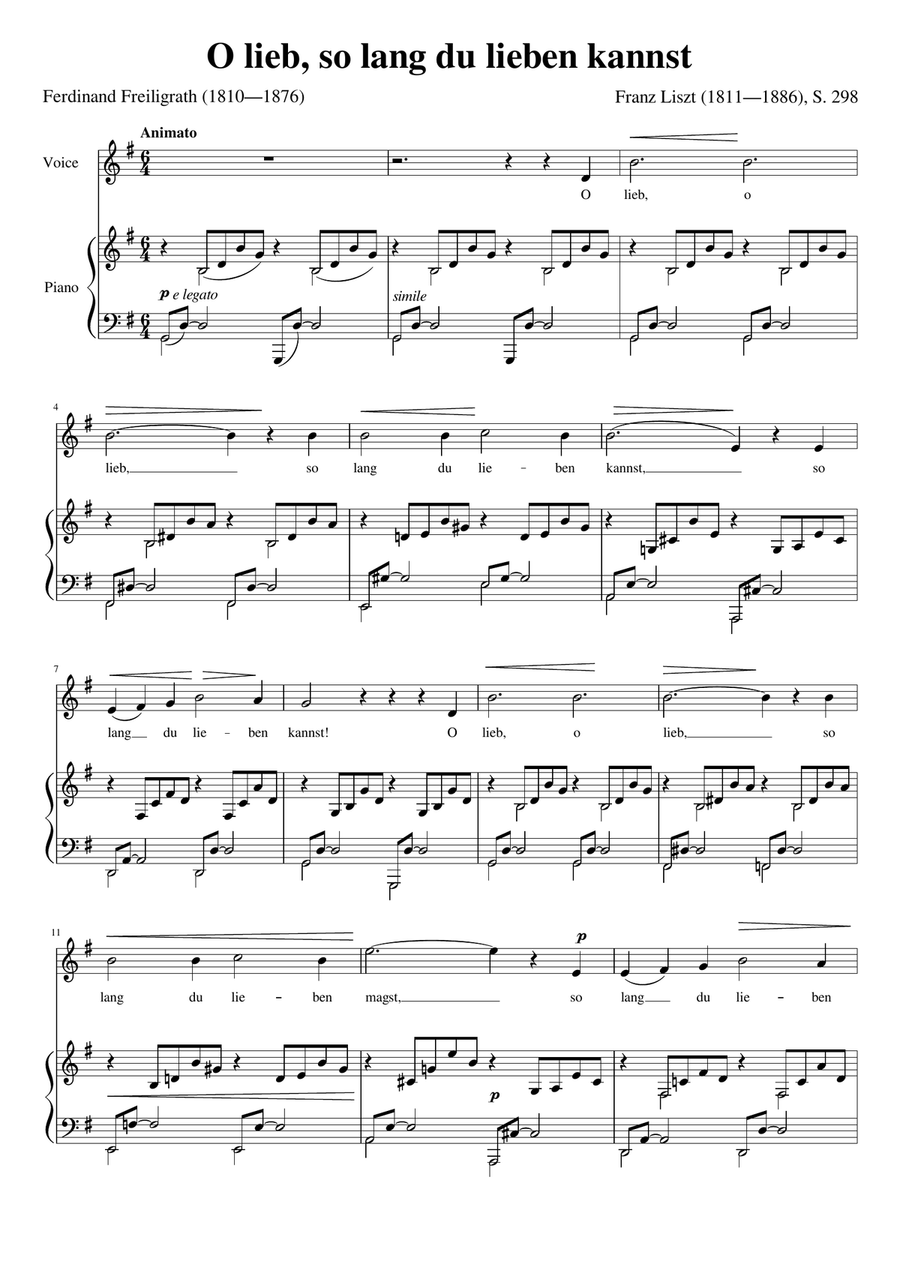 O lieb so lang du lieben kannst (Franz Liszt) [High Voice; key: G] High Voice scores gallery preview page 1