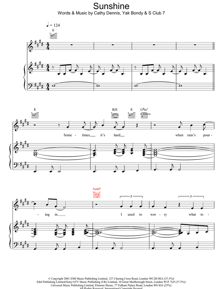 Sunshine Piano, Vocal, Guitar scores gallery preview page 1