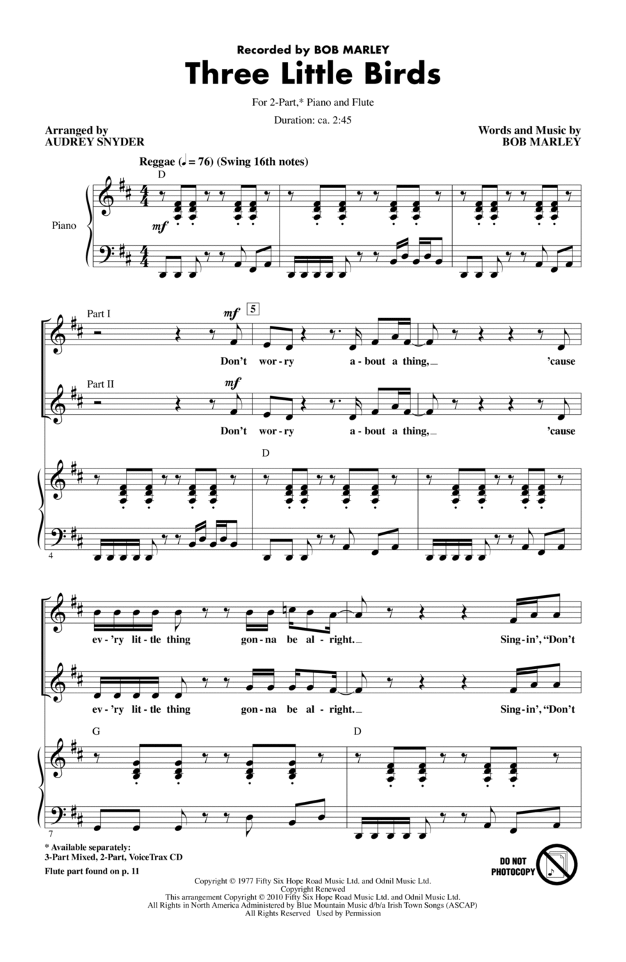 Three Little Birds (arr. Audrey Snyder) 2-Part scores gallery preview page 1