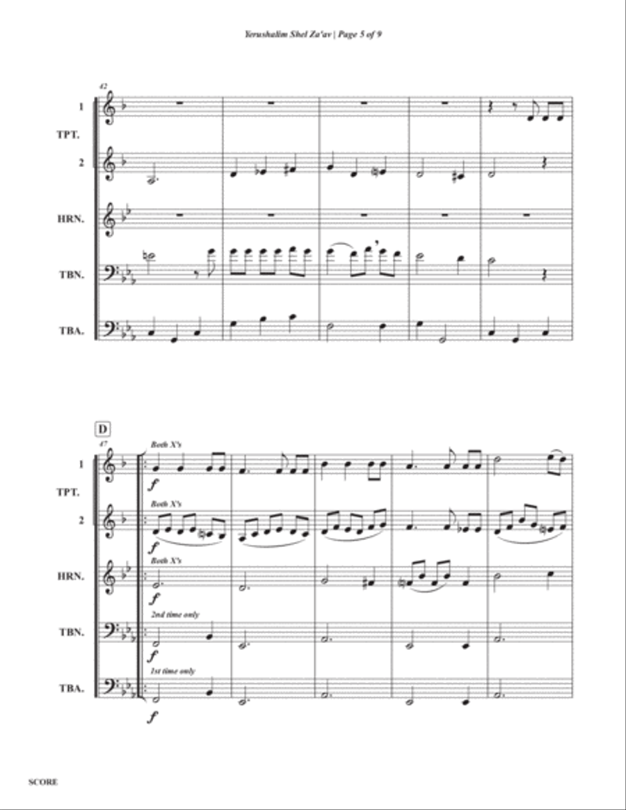 Yerushalim Shel Za'av (Jerusalem of Gold) Brass Quintet scores gallery preview page 5