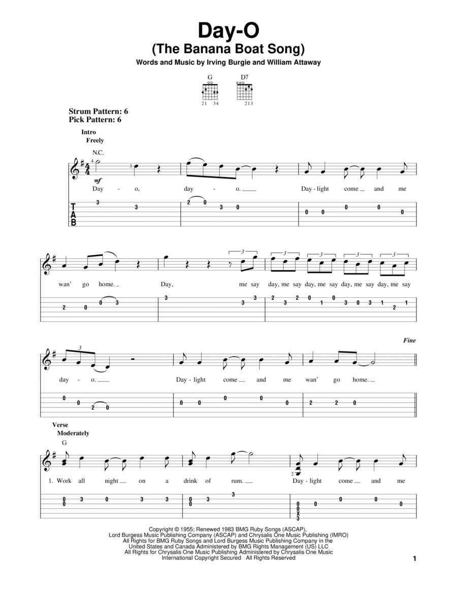 Day-O (The Banana Boat Song) Guitar Tablature scores gallery preview page 1