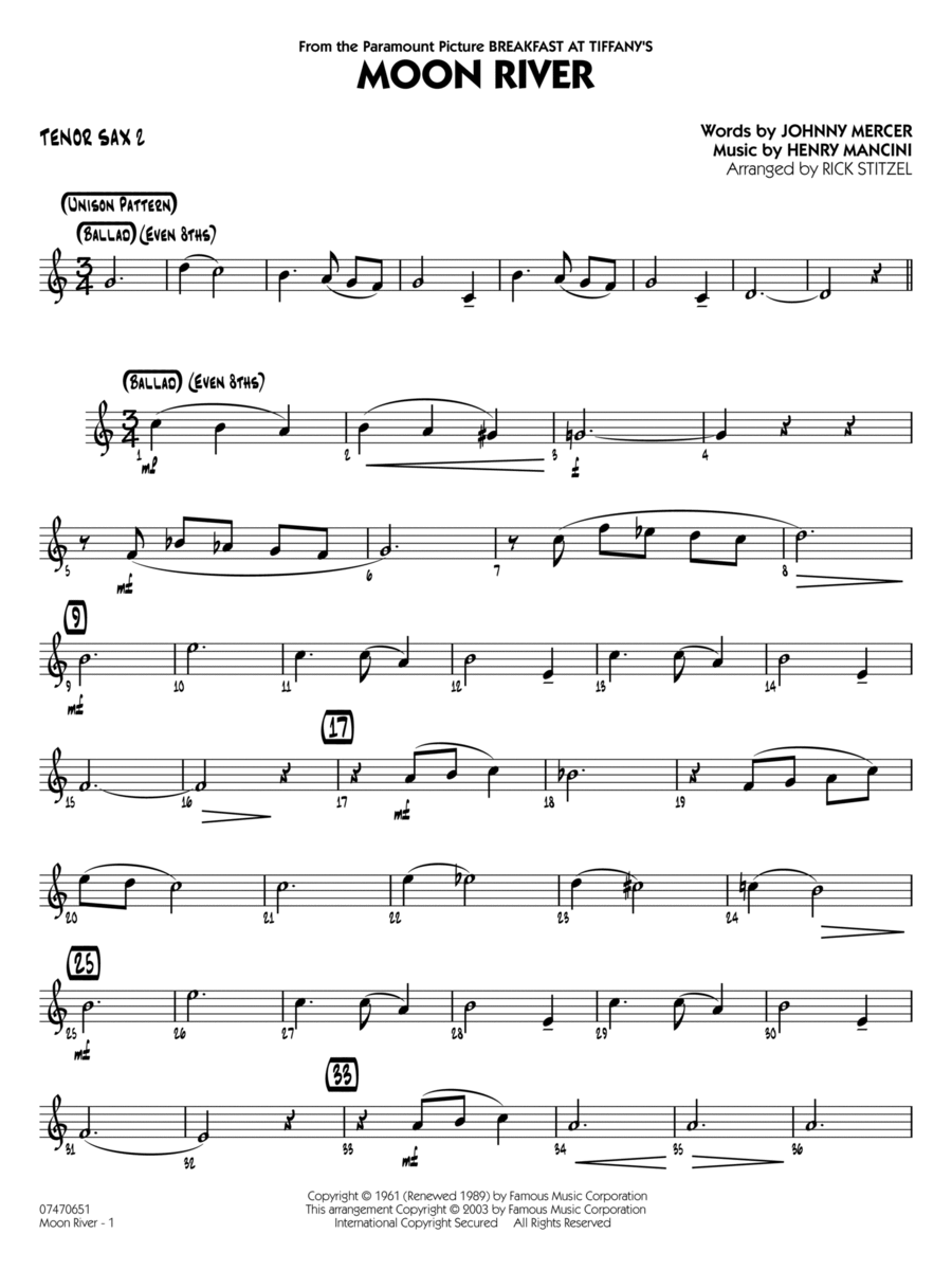 Moon River (arr. Rick Stitzel) - Tenor Sax 2 Jazz Ensemble scores gallery preview page 1