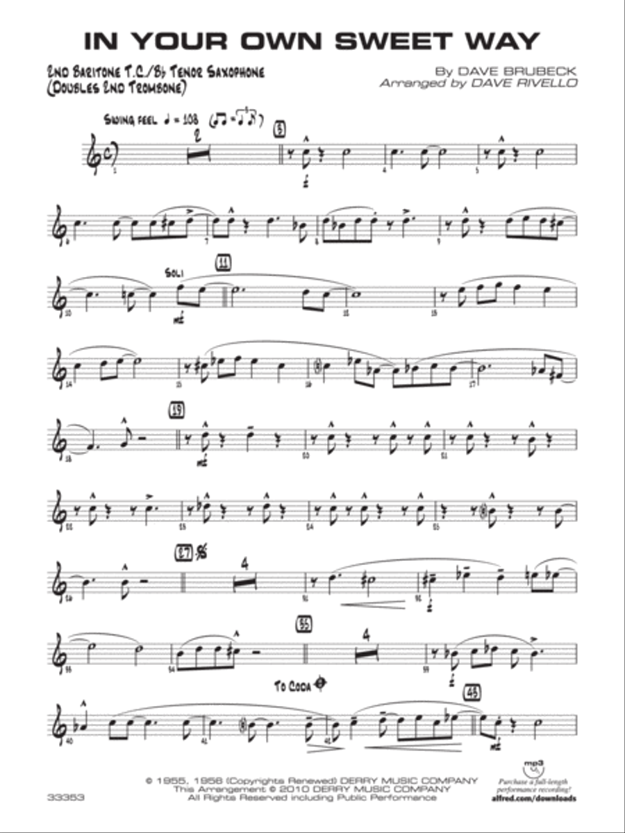 In Your Own Sweet Way: 2nd Baritone T.C. Jazz Ensemble scores gallery preview page 1