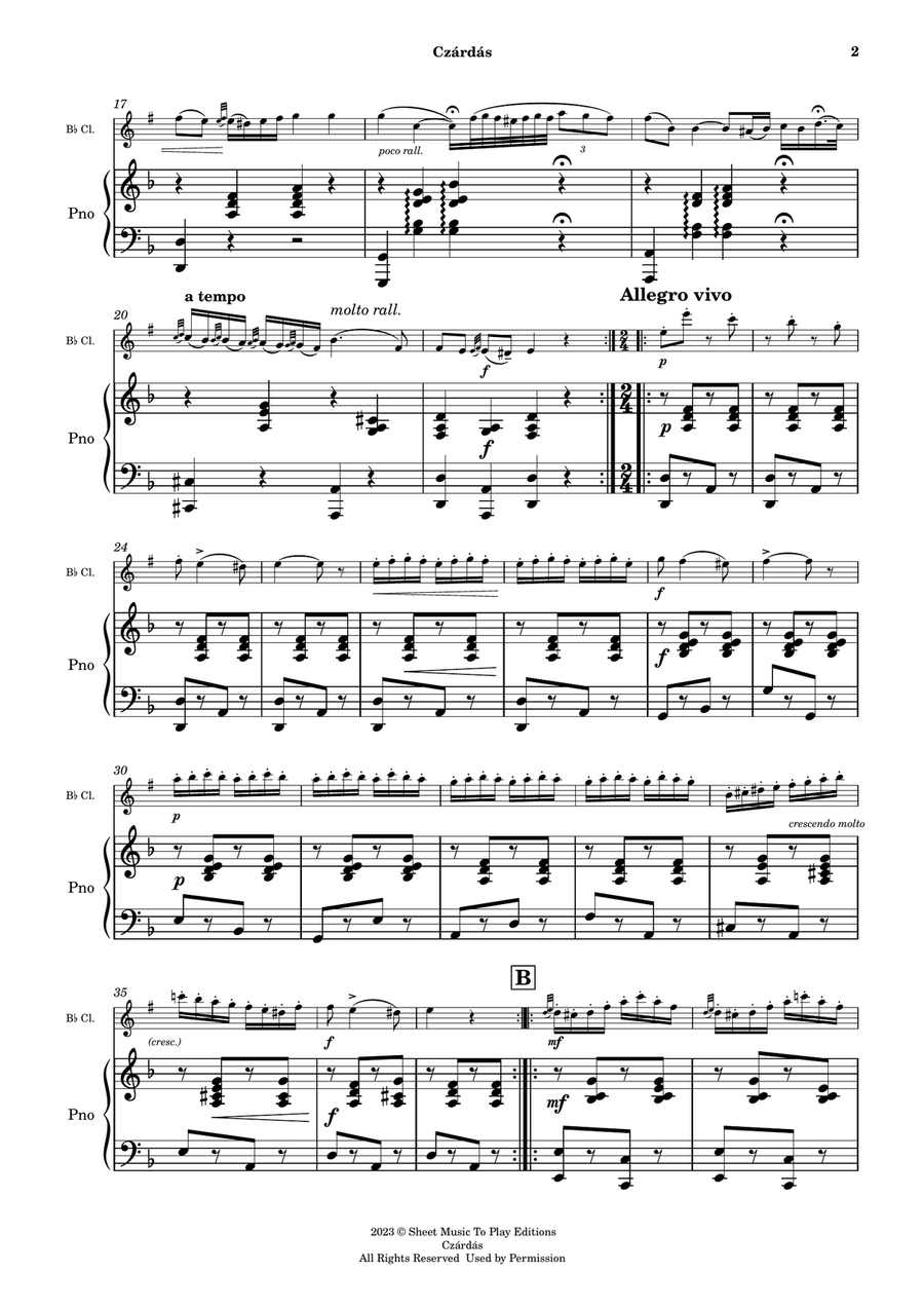 Czardas - Bb Clarinet and Piano (Full Score and Parts) B-Flat Clarinet scores gallery preview page 3