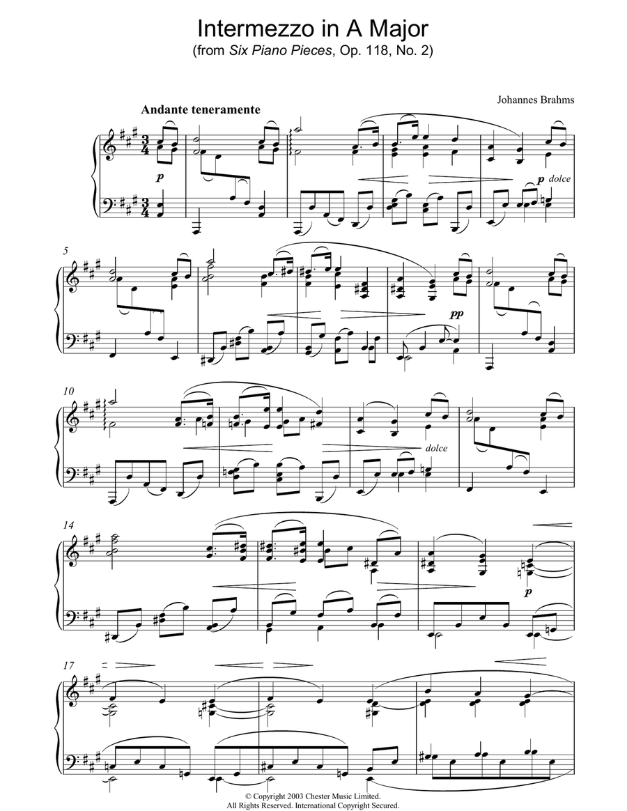 Intermezzo in A Major (from Six Piano Pieces, Op. 118, No. 2) Piano Solo scores gallery preview page 1