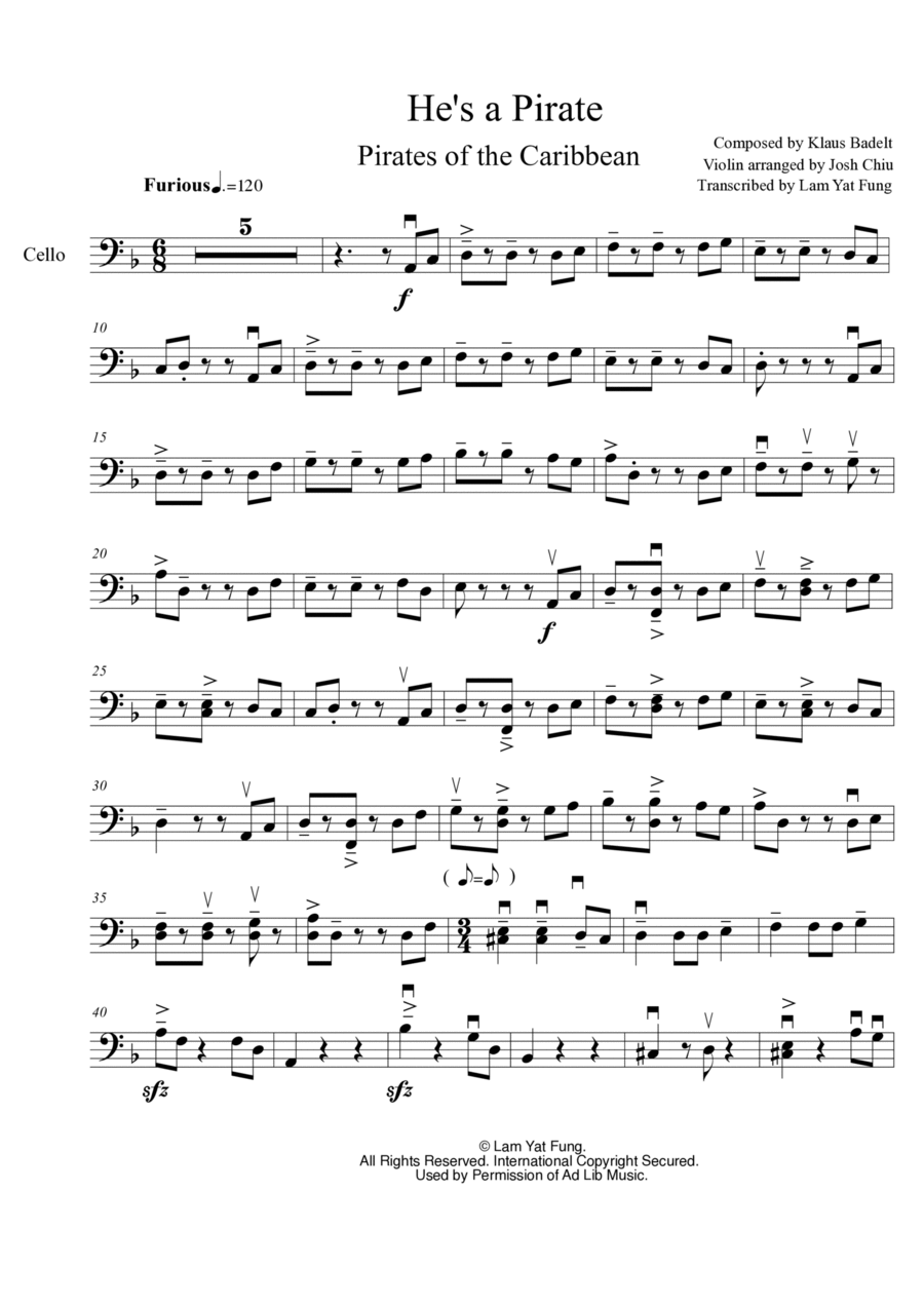He's A Pirate He's A Pirate Cello Solo scores gallery preview page 1
