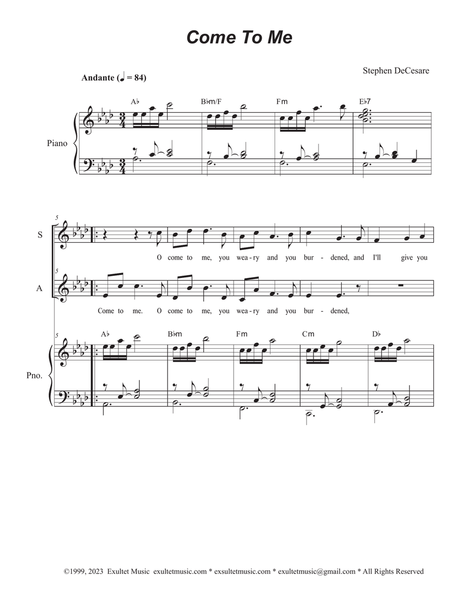 Come To Me (Duet for Soprano and Alto solo) Alto Voice scores gallery preview page 1