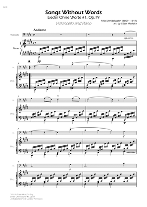 Songs Without Words No.1, Op.19 - Cello and Piano (Full Score)