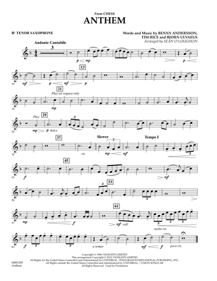 Anthem (from Chess) - Bb Tenor Saxophone