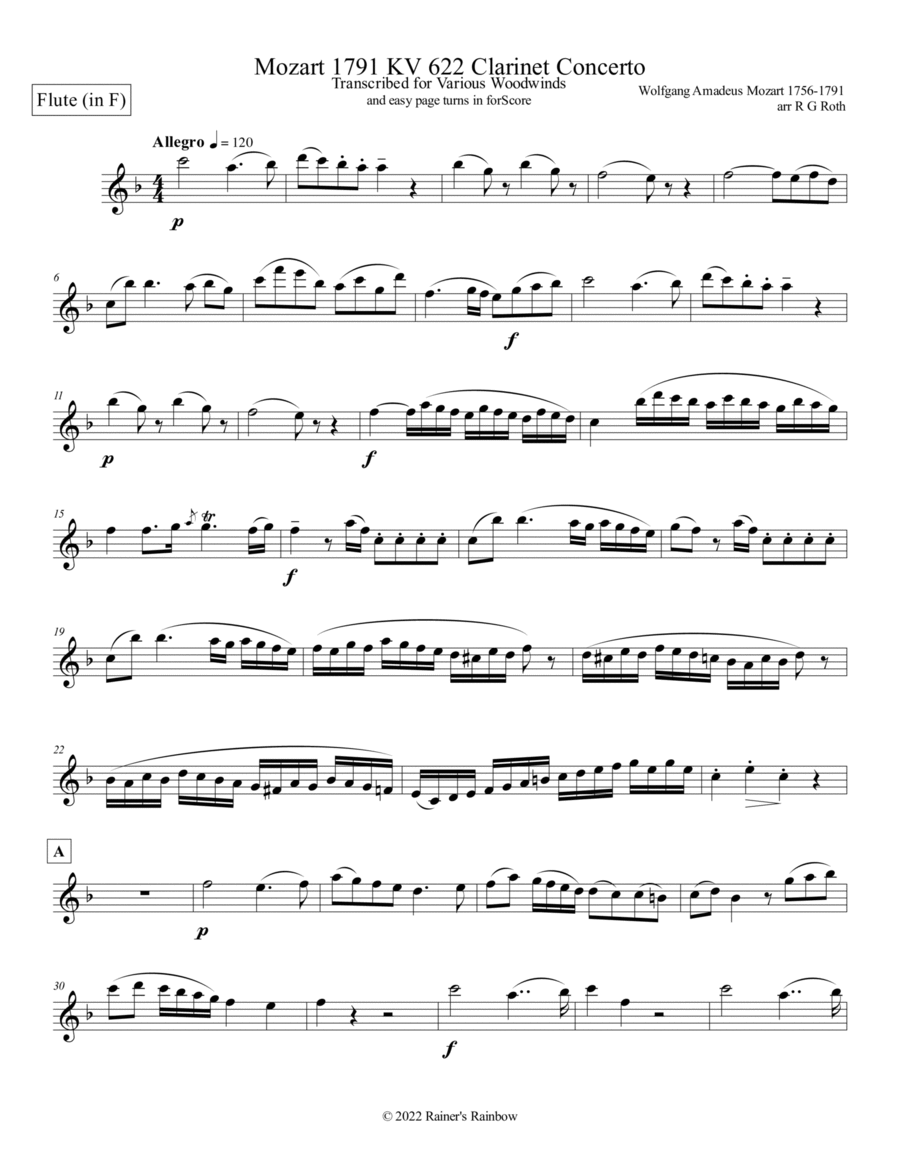 Mozart 1791 KV 622 Clarinet Concerto in F Flute Solo Part Only Clarinet scores gallery preview page 1