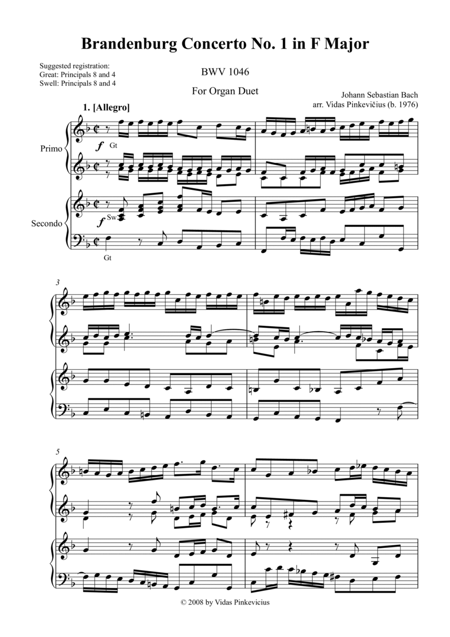 Book cover for Brandenburg Concerto No. 1 in F Major, BWV 1046 by J.S. Bach (Organ Duet)