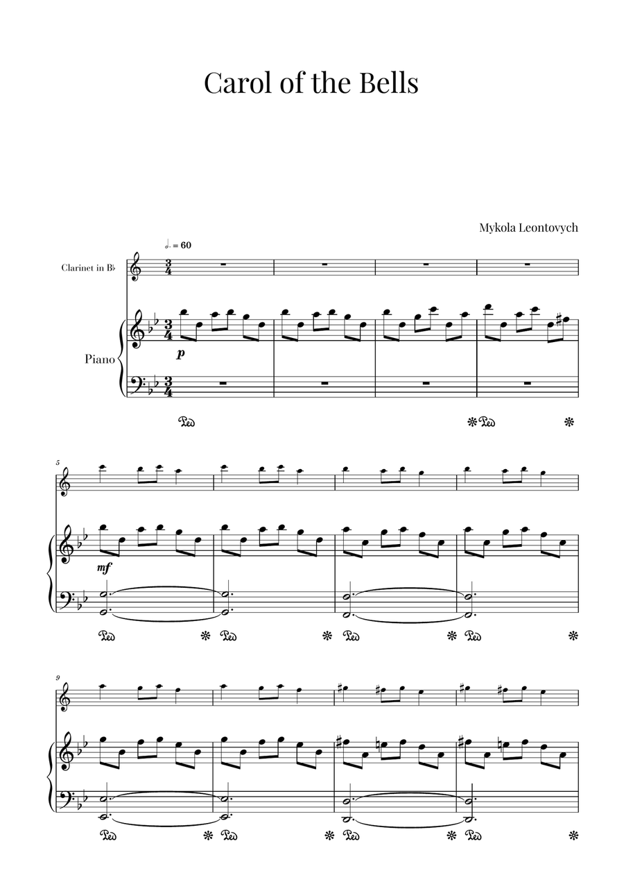 Carol of the Bells (for Clarinet and Piano) Small Ensemble scores gallery preview page 1