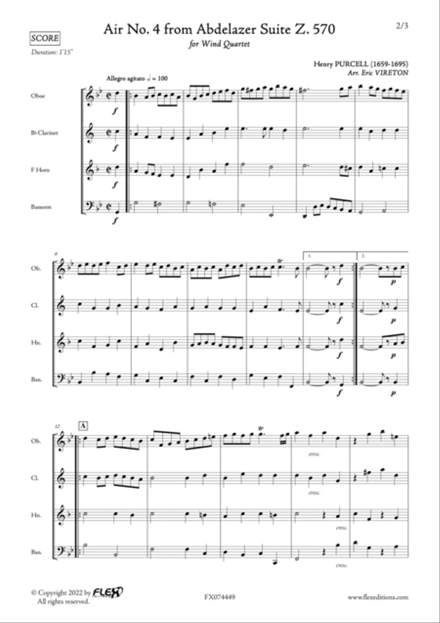 Air No. 4 from Abdelazer Suite Z. 570 Woodwind Quartet scores gallery preview page 2