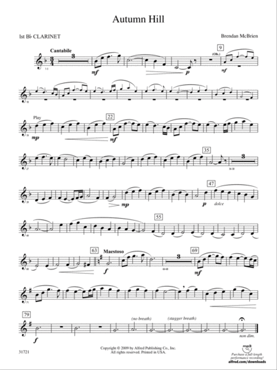Autumn Hill: 1st B-flat Clarinet Concert Band scores gallery preview page 1