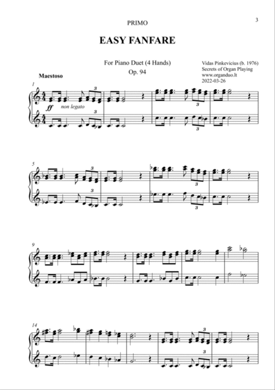 Easy Fanfare, Op. 94 (Piano Duet, 4 Hands) by Vidas Pinkevicius (2022) Easy Piano scores gallery preview page 3