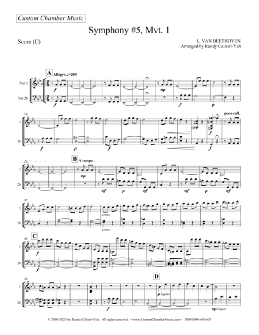 Beethoven Symphony No. 5, Op. 67, Mvt. 1 (violin/cello or violin/viola duet) String Duet scores gallery preview page 2