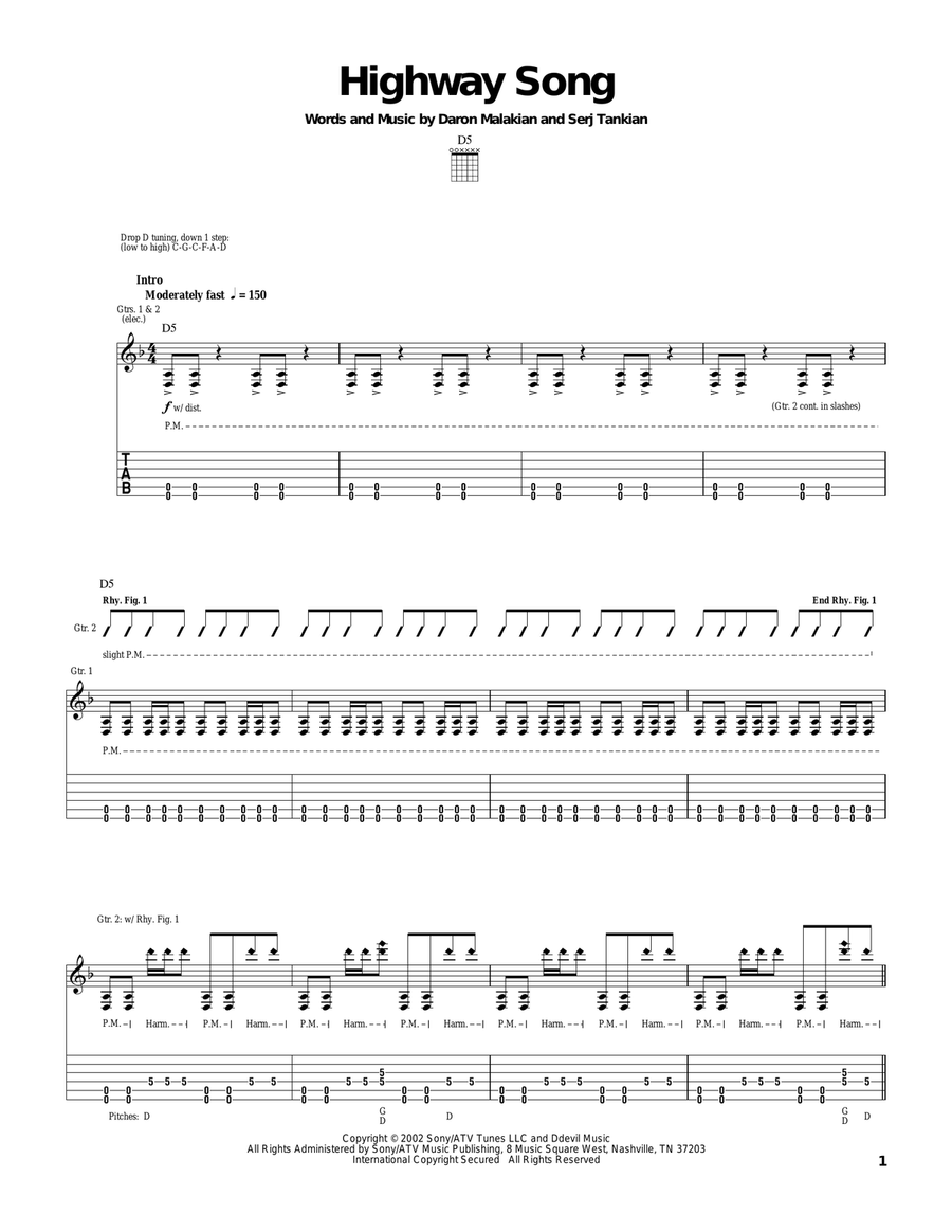 Highway Song by System of a Down Electric Guitar Digital Sheet