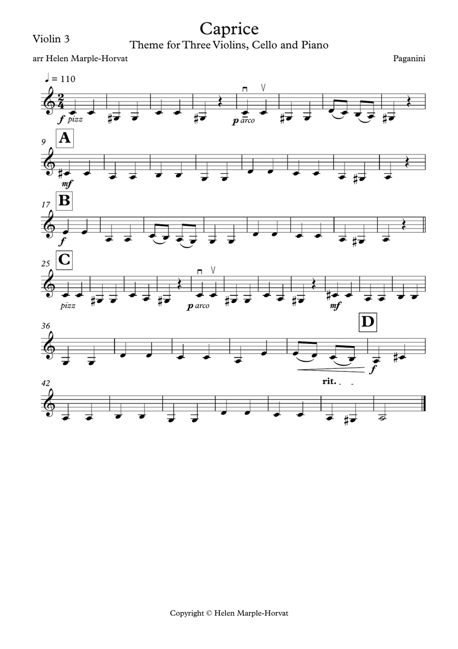 PAGANINI CAPRICE - VARIATIONS FOR THREE VIOLINS, CELLO AND PIANO String Quartet scores gallery preview page 6