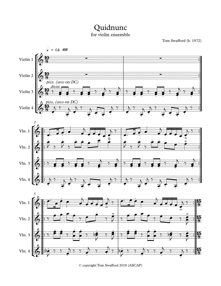 Quidnunc for four violins String Quartet scores gallery preview page 1