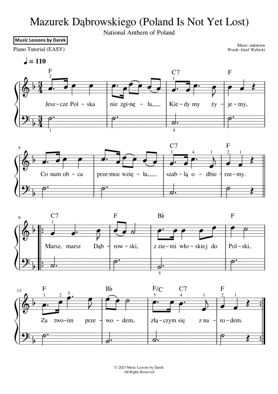 Mazurek Dabrowskiego (National Anthem of Poland) [EASY PIANO] Easy Piano scores gallery preview page 1