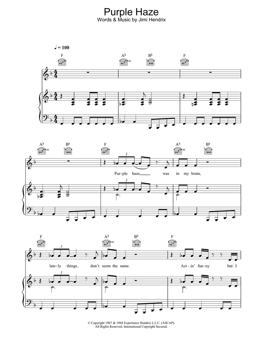Purple Haze Piano, Vocal, Guitar scores gallery preview page 1
