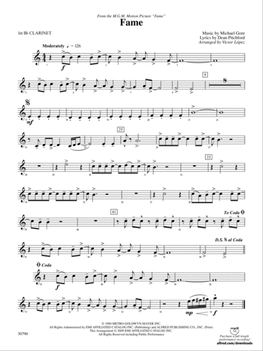 Fame (from the motion picture Fame): 1st B-flat Clarinet Concert Band scores gallery preview page 1