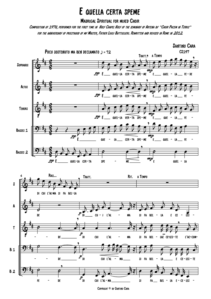E quella certa speme_Madrigal Spiritual for Choir SATBB a cappella image number null