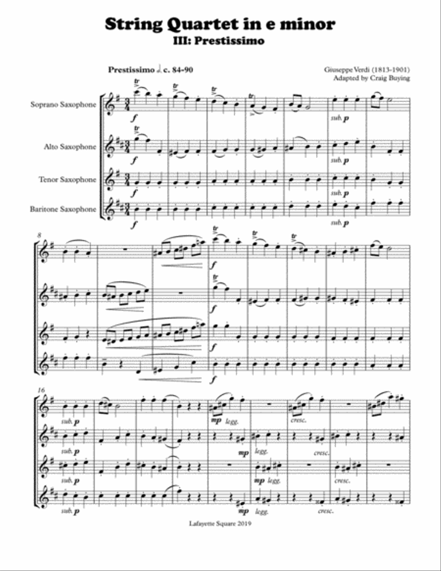 Verdi: Prestissimo from String Quartet in e for Saxophone Quartet Woodwind Quartet scores gallery preview page 2