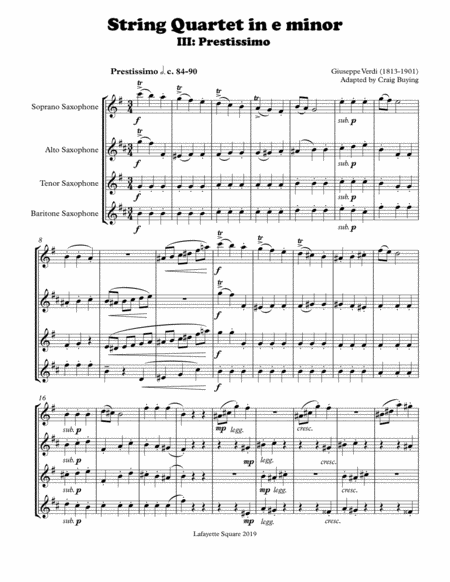 Verdi: Prestissimo from String Quartet in e for Saxophone Quartet image number null