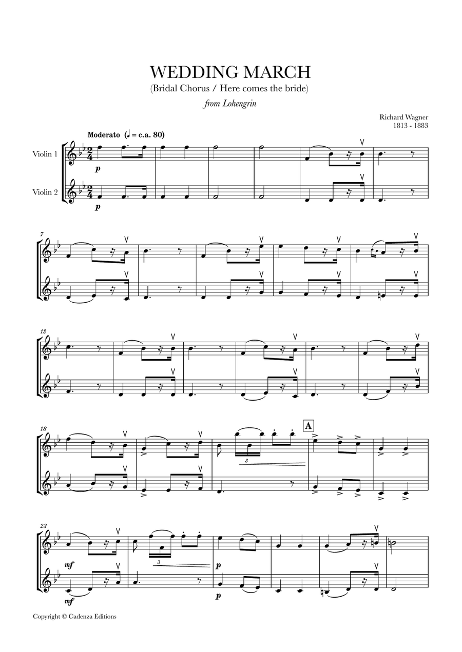 Wedding March (Bridal Chorus - Here comes the Bride) for String Duet (Violin Duet) String Duet scores gallery preview page 1