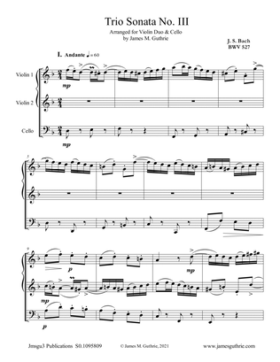 Book cover for BACH: Trio Sonata No. 3 BWV 527 for Violin Duo & Cello