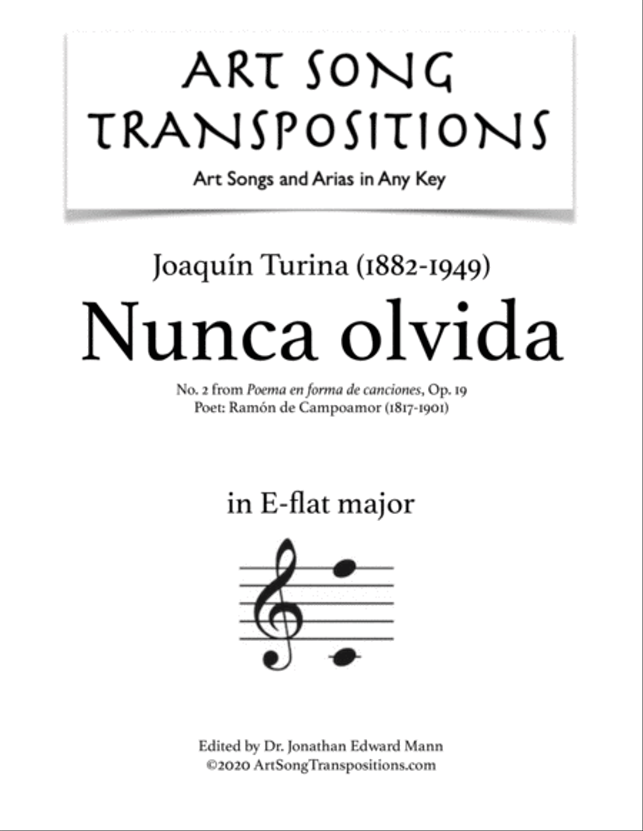 TURINA: Nunca olvida, Op. 19 no. 2 (transposed to E-flat major) Voice scores gallery preview page 1