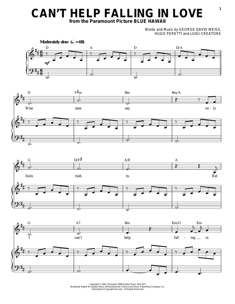 Can't Help Falling In Love Piano, Vocal scores gallery preview page 1