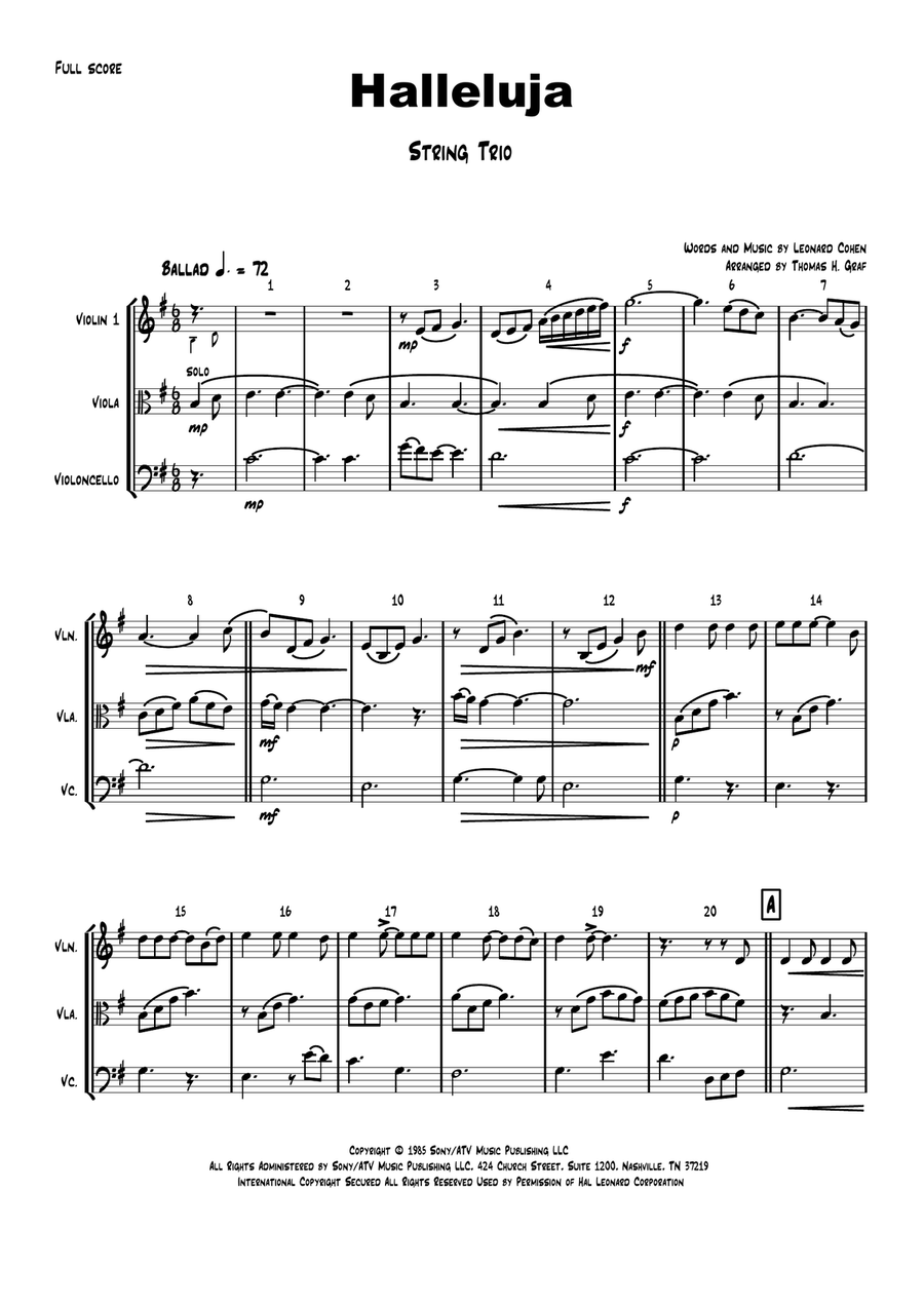 Hallelujah String Trio scores gallery preview page 1