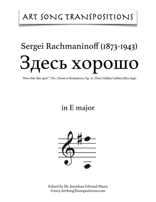Book cover for RACHMANINOFF: Здесь хорошо, Op. 21 no. 7 (transposed to E major, "How fair this spot")